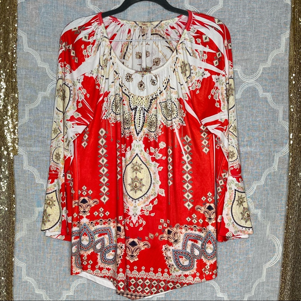 Reba Red White Embellished Long sleeve Top Size M